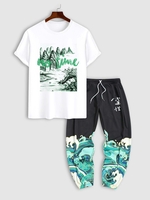 T-shirt à Motif Paysage Vagues et Pantalon de Jogging Taille unique Blanc