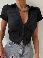 T-shirt Boutonné Texturé à Col Plissé M Noir