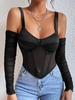 T-shirt Corset Effet en Tulle Transparente à Lacets à Épaules Nues L Noir