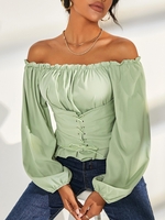 T-shirt Corset Épaules Dénudées à Volant L Vert clair