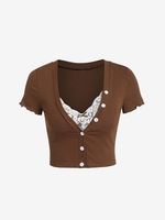 T-shirt Court Boutonné à Ourlet en Dentelle M Café