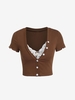 T-shirt Court Boutonné à Ourlet en Dentelle S Café
