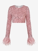 T-shirt Court Brillant Manchette avec Plume en Velours à Paillettes M Rose clair