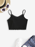 T-shirt Court Côtelé à Bretelle Ourlet en Dentelle M Noir