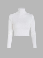 T-shirt Court Côtelé en Couleur Unie en Tricot à Col Haut S Blanc