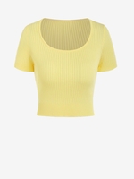 T-shirt Court Côtelé en Tricot à Col Rond Taille unique Jaune