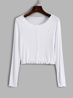 T-shirt Court Côtelé Papillon Brodé avec Bouton L Blanc
