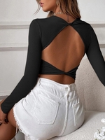 T-shirt Court Côtelé Tordu sans Dos L Noir