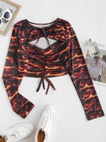 T-shirt Court Découpé Flamme Imprimé à Lacets avec Nœud Papillon M Noir