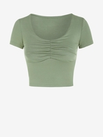T-shirt Court en Couleur Unie à Col V à Volants M Vert