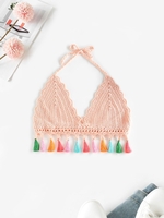 T-shirt Court en Crochet Coloré à Glands S Rose clair