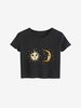 T-shirt Court Etoile Lune et Soleil à Ourlet en Laitue Xs Noir