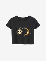 T-shirt Court Etoile Lune et Soleil à Ourlet en Laitue Xs Noir