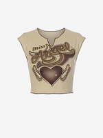 T-shirt Court Fendu à Imprimé Cœur Aile S Café lumière