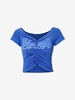 T-shirt Court Graphique à Volants à Col V L Bleu