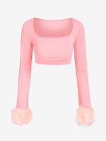 T-shirt Court Poignet Fourré à Col U S Rose clair