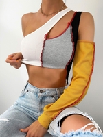 T-shirt Côtelé Contrastant à Une Épaule Nue S Jaune