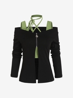 T-shirt Epaule Dénudée Fendu à Demi-Zip et de Débardeur Court M Noir