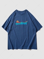 T-shirt Graphique Paysage de Couche du Soleil Xl Bleu foncé toile de jean