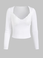 T-shirt Jersey Panneau en Dentelle à Manches Longues S Blanc