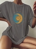 T-shirt Lâche à Imprimé Lune Etoile et Soleil à Goutte Epaule L Gris foncé