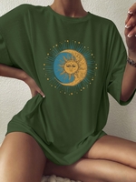 T-shirt Lâche à Imprimé Lune Etoile et Soleil à Goutte Epaule L Vert profond