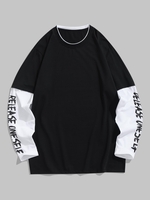 T-shirt Lettre en Blocs de Couleurs Jointif Manches Longues à Col Rond Xl Noir