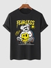T-shirt Lettre FEARLESS Graphique et Ours en Dessin Animé à Manches Courtes M Noir