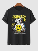 T-shirt Lettre FEARLESS Graphique et Ours en Dessin Animé à Manches Courtes M Noir