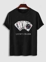 T-shirt Motif de Carte et Lettre LUCKY CHARM à Manches Courtes L Noir