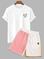 T-shirt Motif de Cœur en Coton à Manches Courtes et Short en Blocs de Couleurs Taille unique Blanc