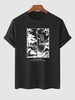 T-shirt Motif de Paysage Japonais à Manches Courtes L Noir