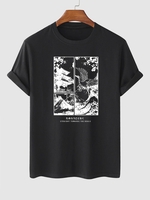 T-shirt Motif de Paysage Japonais à Manches Courtes L Noir
