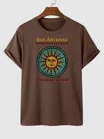 T-shirt Motif de Soleil à Imprimé Ethnique à Manches Courtes M Café profond