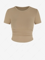 T-Shirt Moulant Froncé Côtelé à Ourlet Courbe M Café lumière
