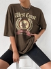 T-shirt Oversize à Imprimé Aigle et Lettre West Coast à Manches Courtes S Café