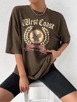 T-shirt Oversize à Imprimé Aigle et Lettre West Coast à Manches Courtes S Café