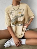 T-shirt Oversize à Imprimé Lettre ENJOY THE NATURE et Vague Océan à Manches Courtes L Café lumière