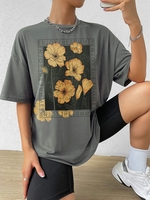 T-shirt Oversize à Imprimé Lettre et Fleur à Manches Courtes L Gris clair