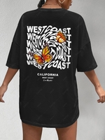 T-shirt Oversize à Imprimé Lettre Papillon CALIFORNIA WEST COAST à Manches Courtes S Noir