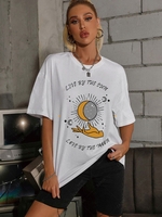 T-shirt Oversize à Imprimé Lune et Soleil à Goutte Epaule S Blanc