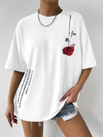 T-shirt Oversize à Imprimé Rose et Lettre à Manches Courtes S Blanc