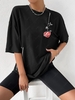 T-shirt Oversize à Imprimé Rose et Lettre à Manches Courtes S Noir