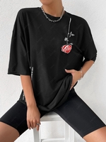 T-shirt Oversize à Imprimé Rose et Lettre à Manches Courtes S Noir