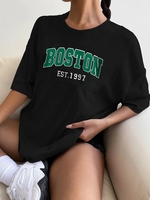 T-shirt Oversize Motif de Lettre BOSTON à Manches Courtes M Noir