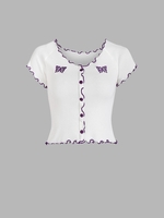 T-shirt Papillon Brodé Boutonné à Manches Raglan Taille unique Blanc