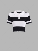 T-shirt Polo Côtelé Patte de Boutonnage Large en Blocs de Couleurs Taille unique Noir