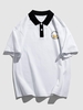 T-shirt Polo Lâche à Imprimé Lettre et Ours Dessin Animé à Demi-Bouton Streetwear L Blanc