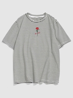 T-shirt Rayé à Imprimé Fleur Lettre Rose Brodé Lettre Xl Blanc