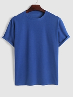 T-shirt Respirant Texturé Simple en Couleur Unie à Manches Courtes Xl Bleu